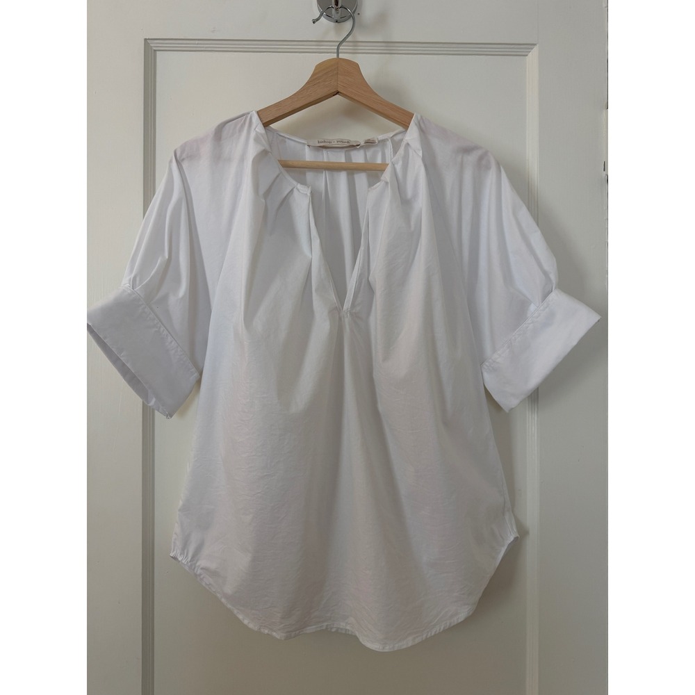 White Cotton Poplin Puff Sleeve Split Neck Blouse Top Size Medium Classic Preppy